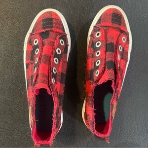 Red and Black Buffalo Plaid Slip-On Sneakers, Women’s 8